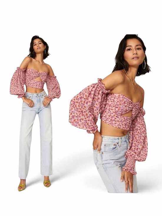 AMUR Tops - Amur Hilda Balloon Sleeve Floral Cropped Top Pink